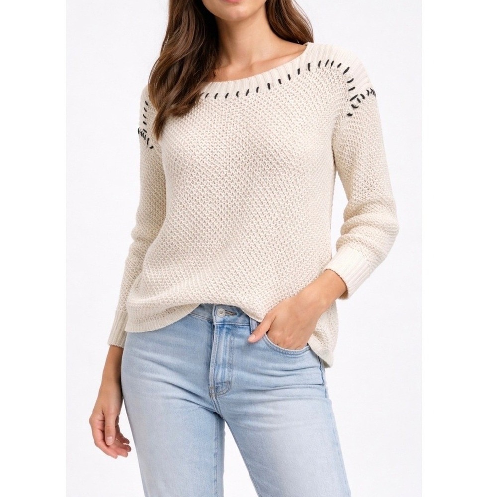 Vince Camuto Sweater Womens Small Cream Knit Black Stitching 100% Cotton